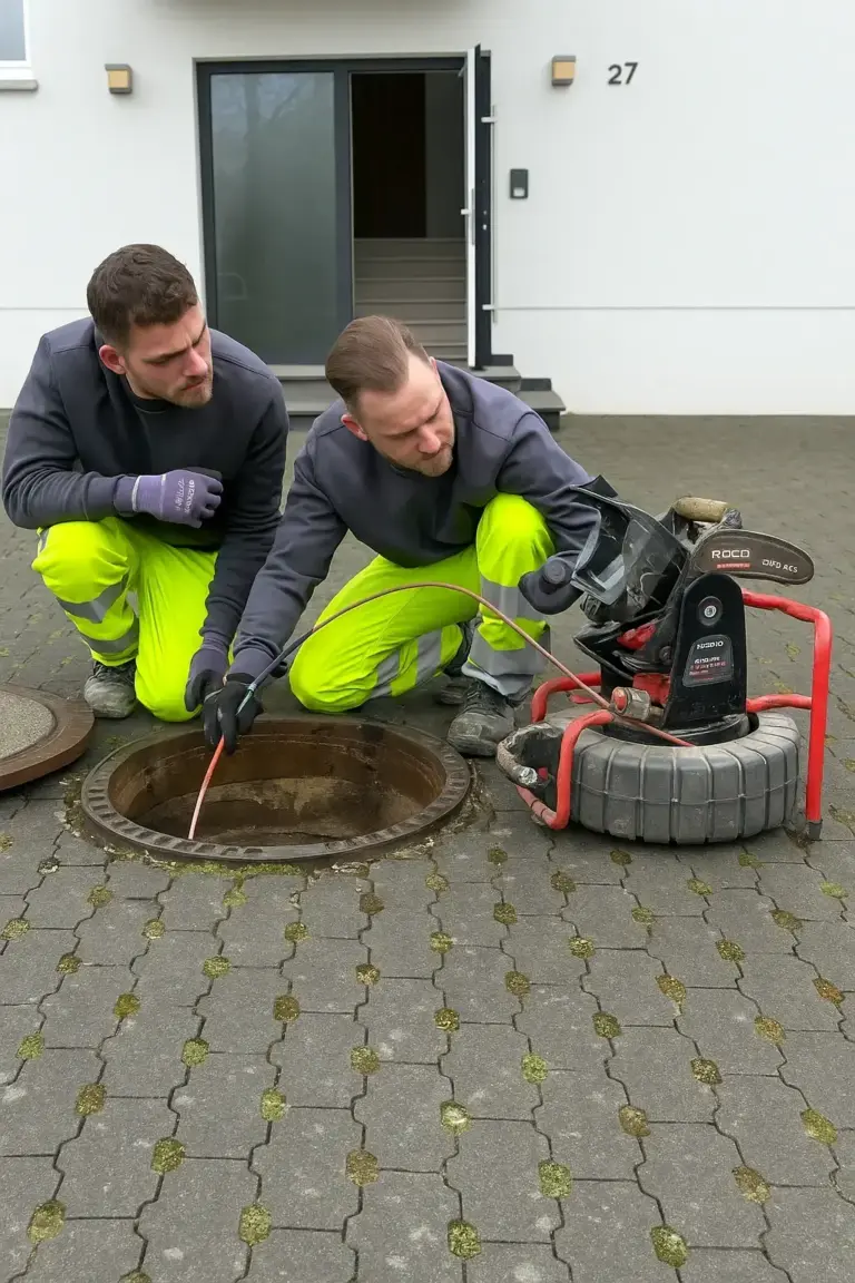 Zwei Fachleute professionelle Kanalinspektion mit Kameratechnik durch